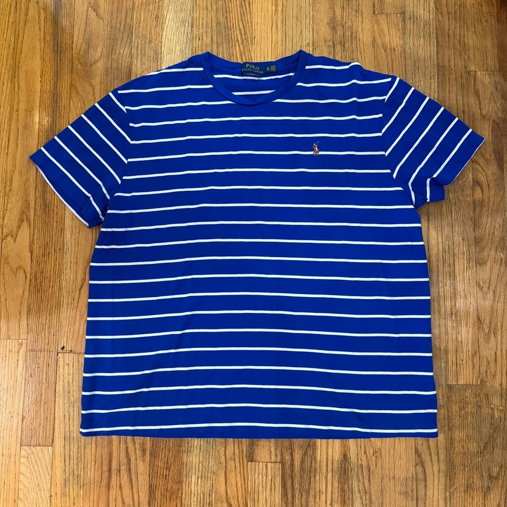 Polo Ralph Lauren Shirt Mens XL Blue White Striped Crew Neck Short Sleeve Tee - Picture 2 of 12
